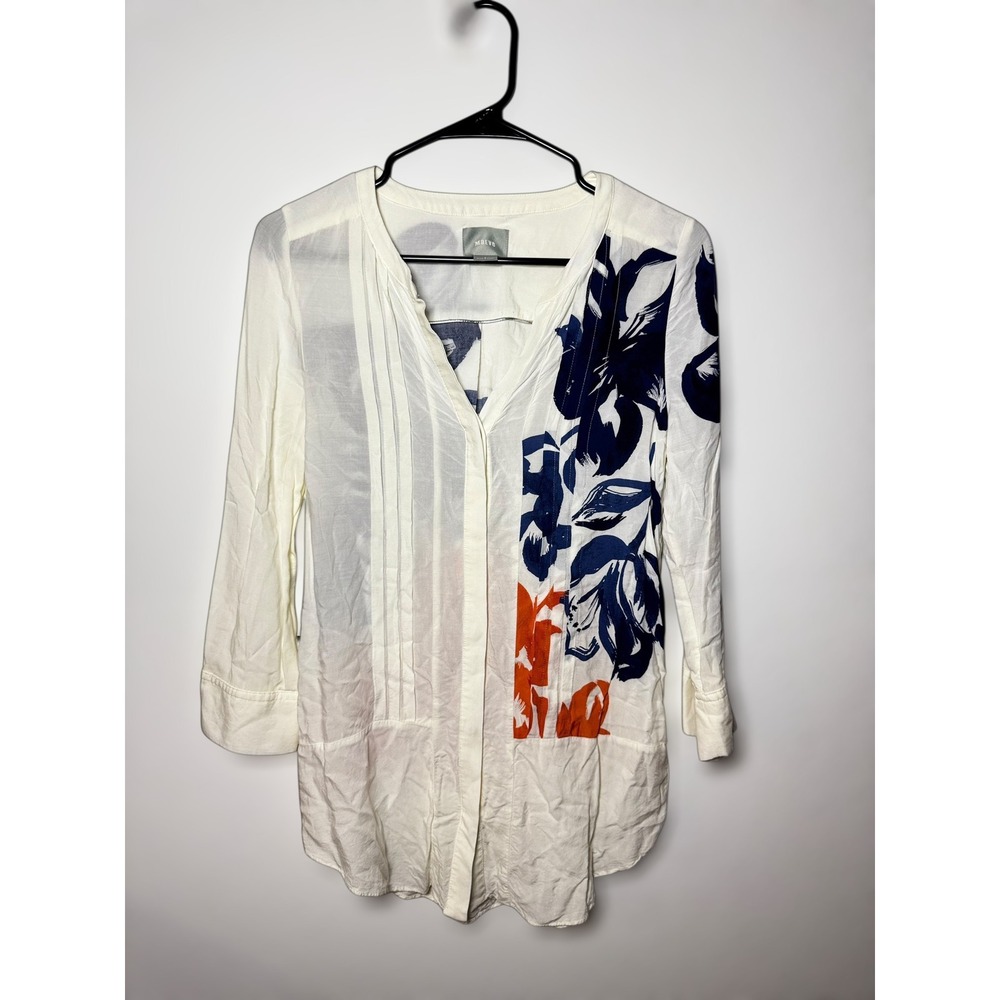 Maeve Floral Print Tunic Shirt Cream Navy Orange Size 6 V-Neck 3/4 Sleeve‎